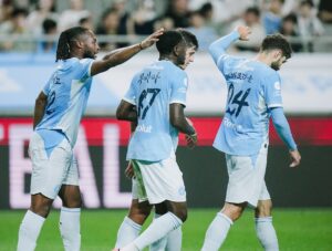 Manchester City players celebrating goal against K-League All Stars in pre-season