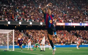 Rapinha celebrating goal for Barcelona