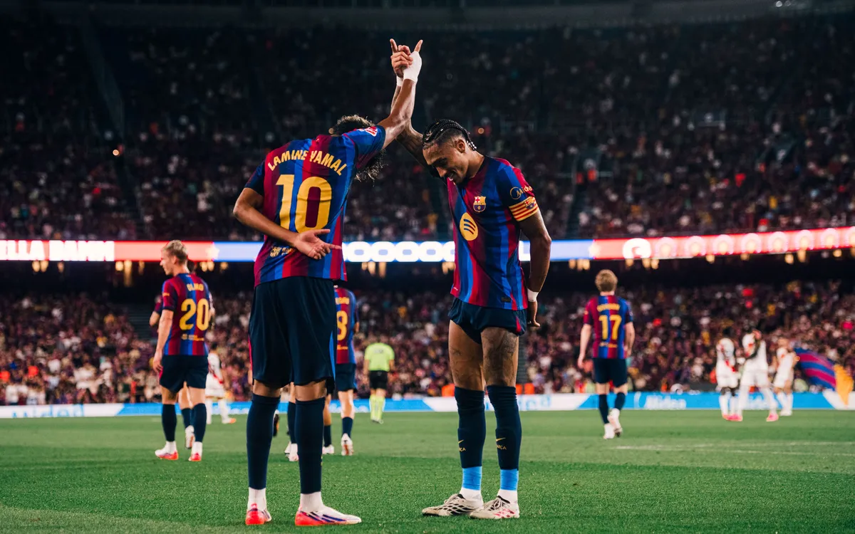 Raphinha and Lamine Yamal celebrating a goal