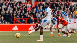 Ismaila Sarr taking a penalty for Crystal Palace against Nottingham Forest at the City Ground.