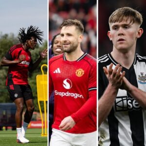 Collage of Patrick Dorgu, Luke Shaw and Lewis Hall