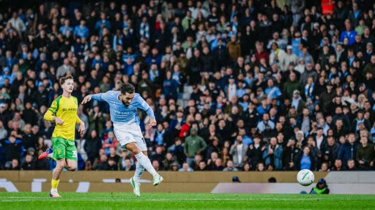 Rayan Cherki scoring a goal against Norwich