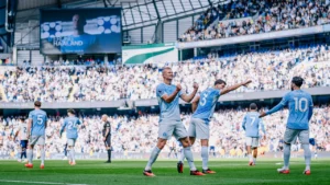 Erling Haaland celebrating goal for Manchester City