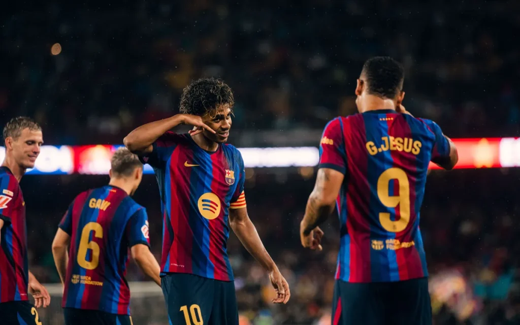 Lamine Yamal and Gabriel Jesus celebrating a goal