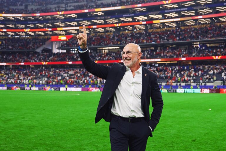 Spain coach Luis de la Fuente waving at fans in stadium