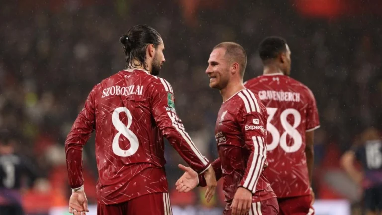 Dominik Szoboszlai and Alexis Mac Allister celebrating a goal
