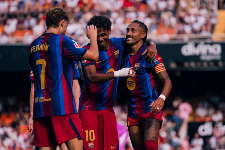 Barcelona players celebrating a goal