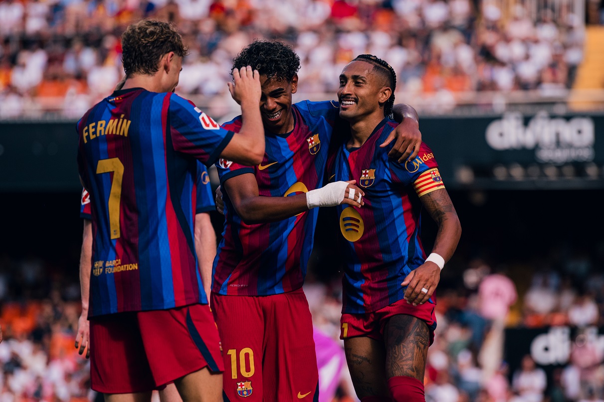 Barcelona players celebrating a goal