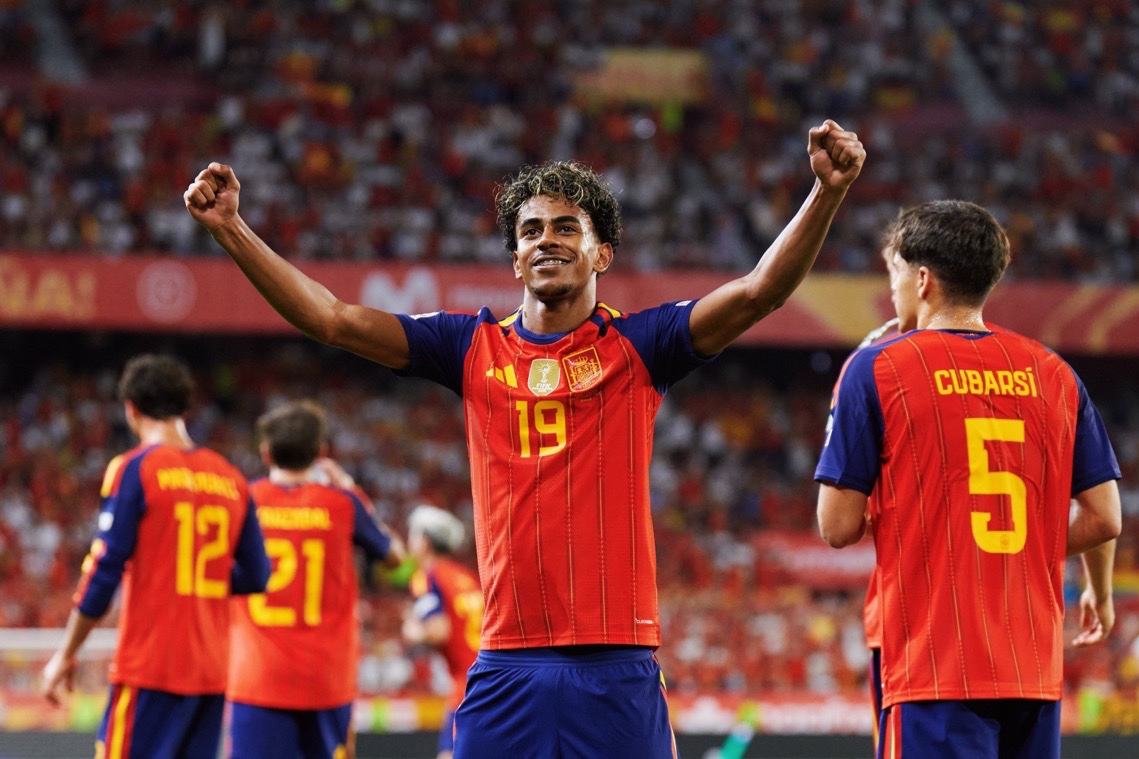Lamine Yamal celebrating goal for Spain