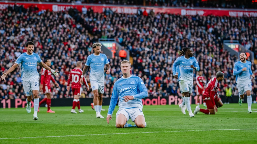 Erling Haaland celebrating goal for Manchester City against Liverpool