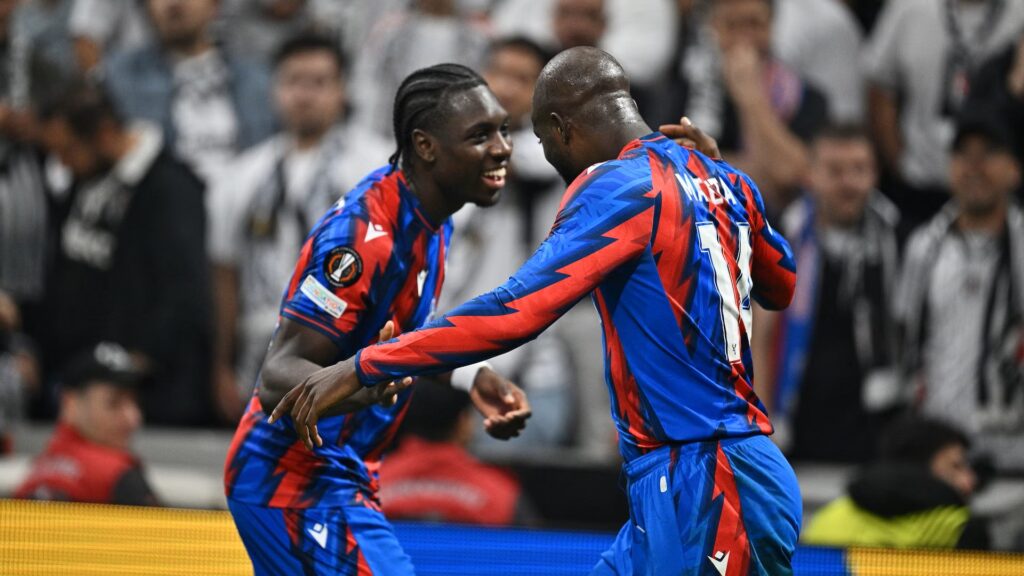 Crystal Palace's Jean-Phillipe Mateta and Jaydee Canvot celebrating a goal